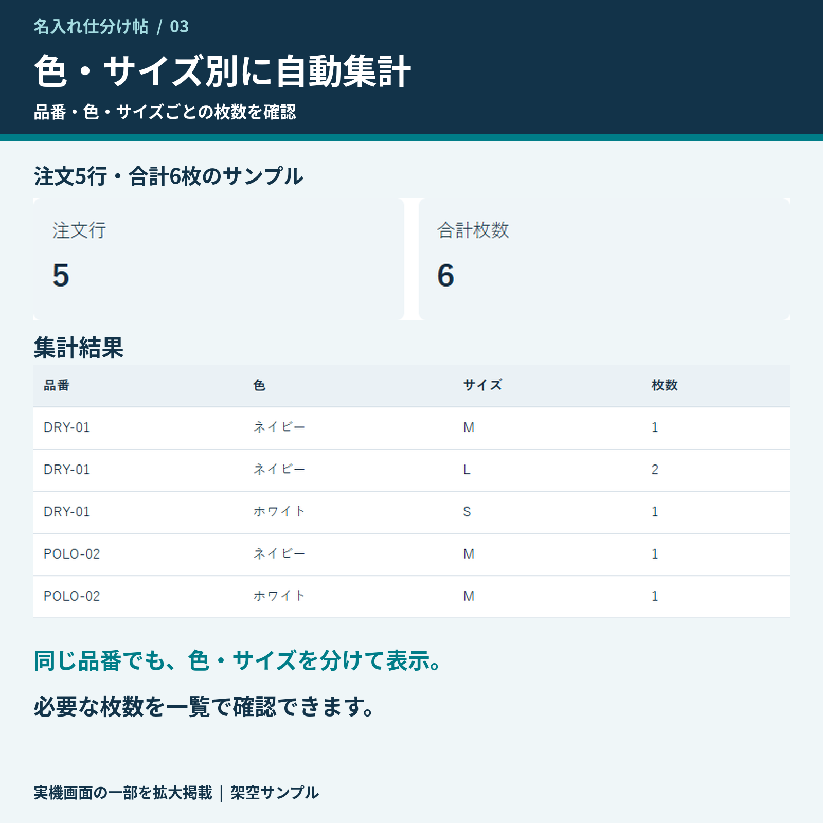 名入れ仕分け帖の色・サイズ集計画面